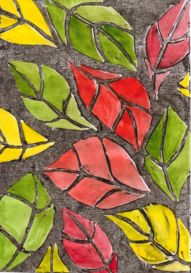 red leaves linocut